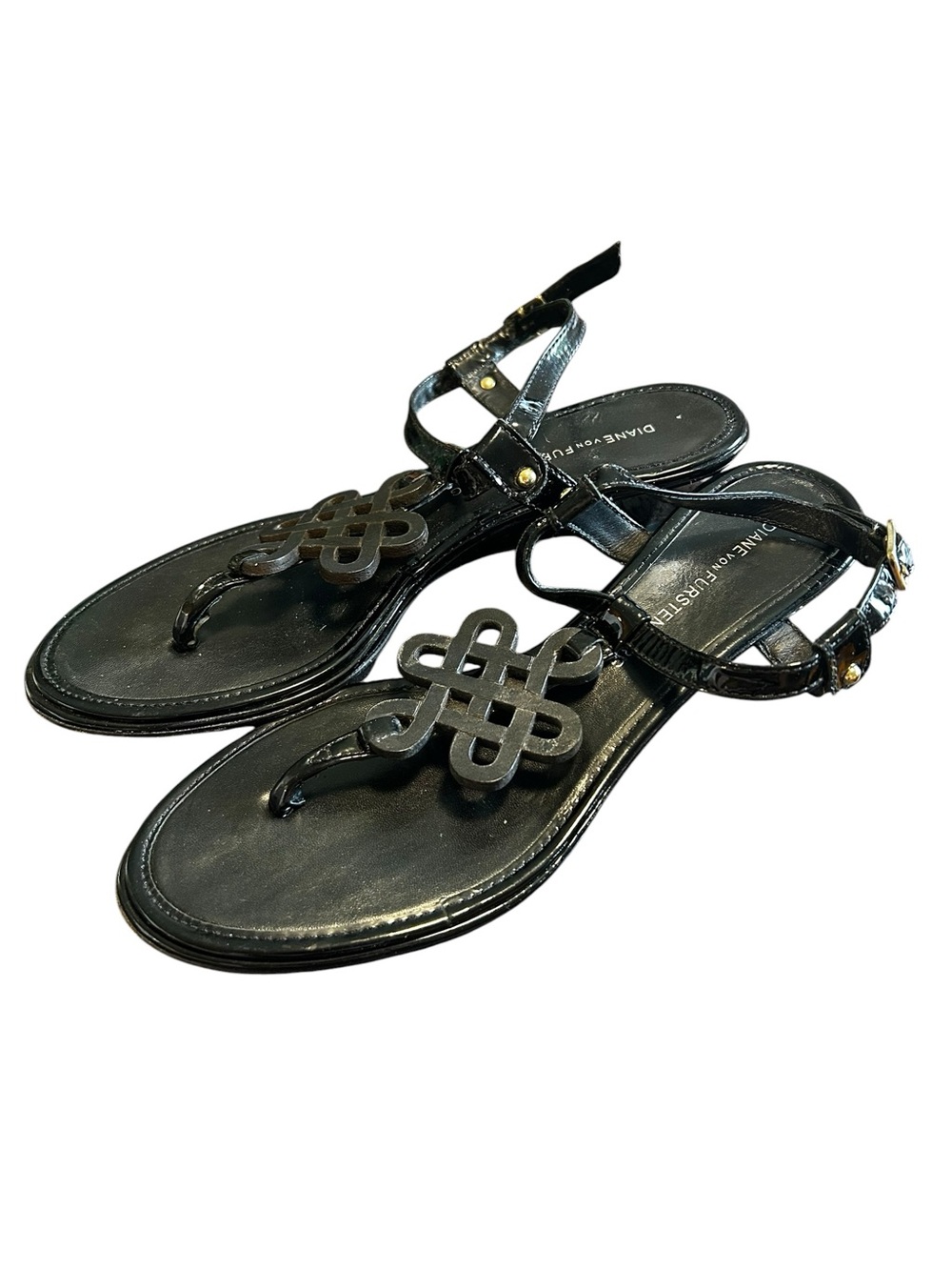 Diane Von Furstenberg DVF Black Patent Leather Knot Thong Wedge Sandals 6M - Picture 2 of 6